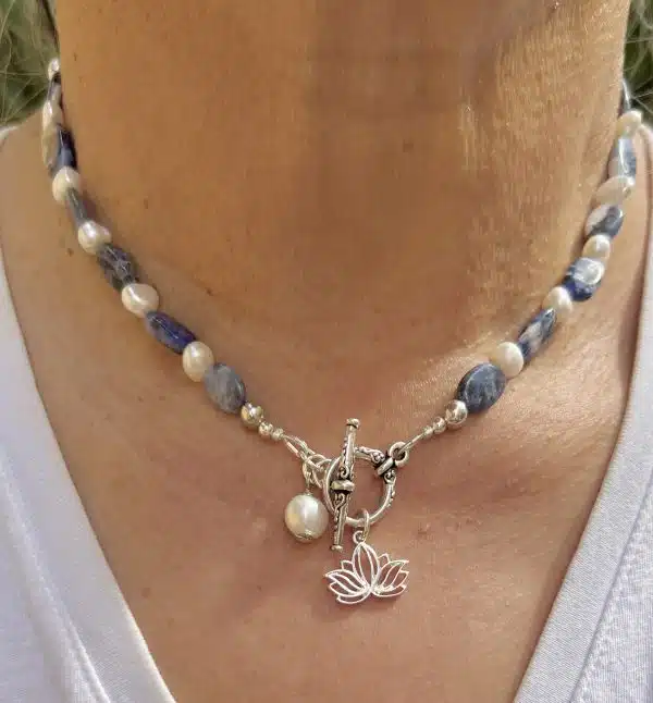 Sodalite, cultured freshwater pearl necklace with lotus charm