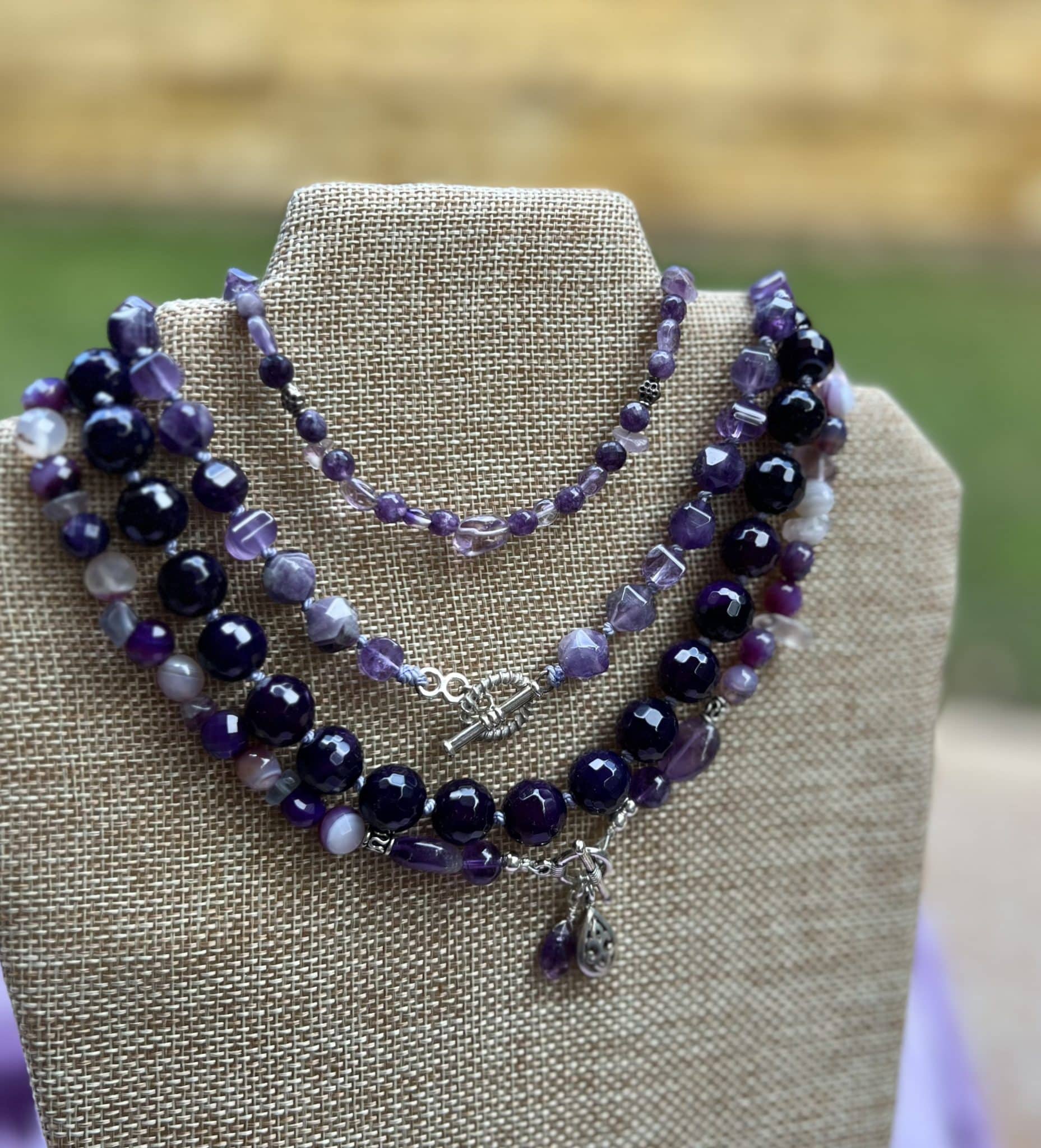 Silk Hand knotted amethyst necklace, sterling silver clasp on the front 2 IMG 3470 scaled