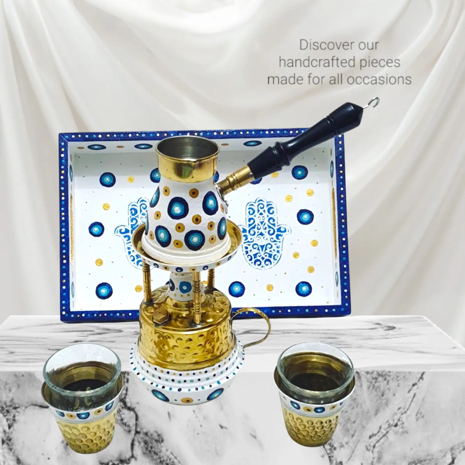 Hand Painted Copper Coffee Set طقم القهوة النحاس مع الصينية 1 Hand Painted Copper Coffee Set طقم القهوة النحاس مع الصينية