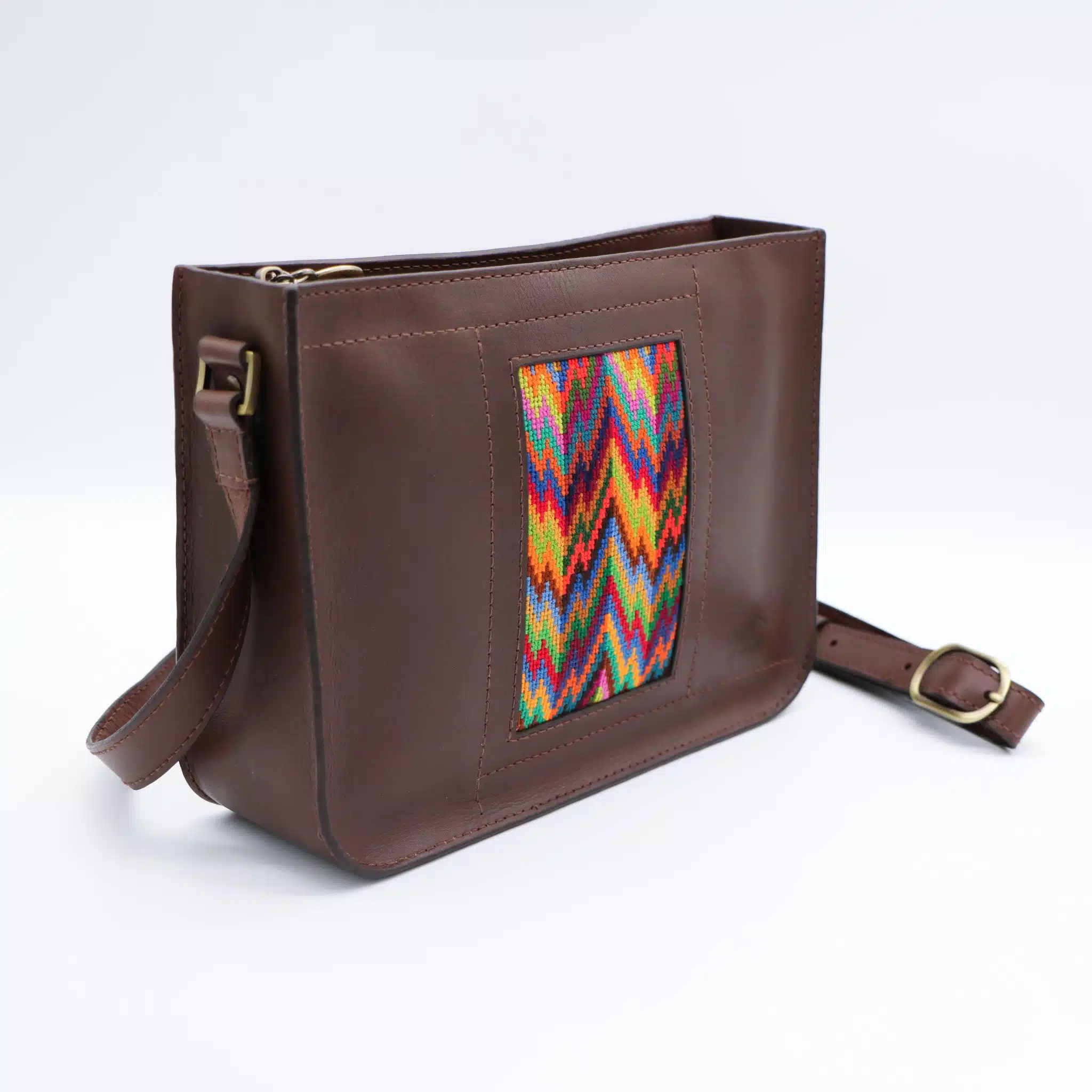 Brown genuine leather bag with colorful Cross stitching. 2 bag 2 scaled