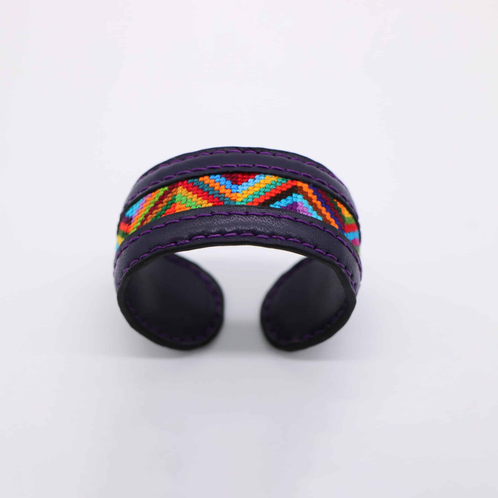 Purple genuine leather cuff with colorful Cross-stitching 1 Purple genuine leather cuff with colorful Cross-stitching