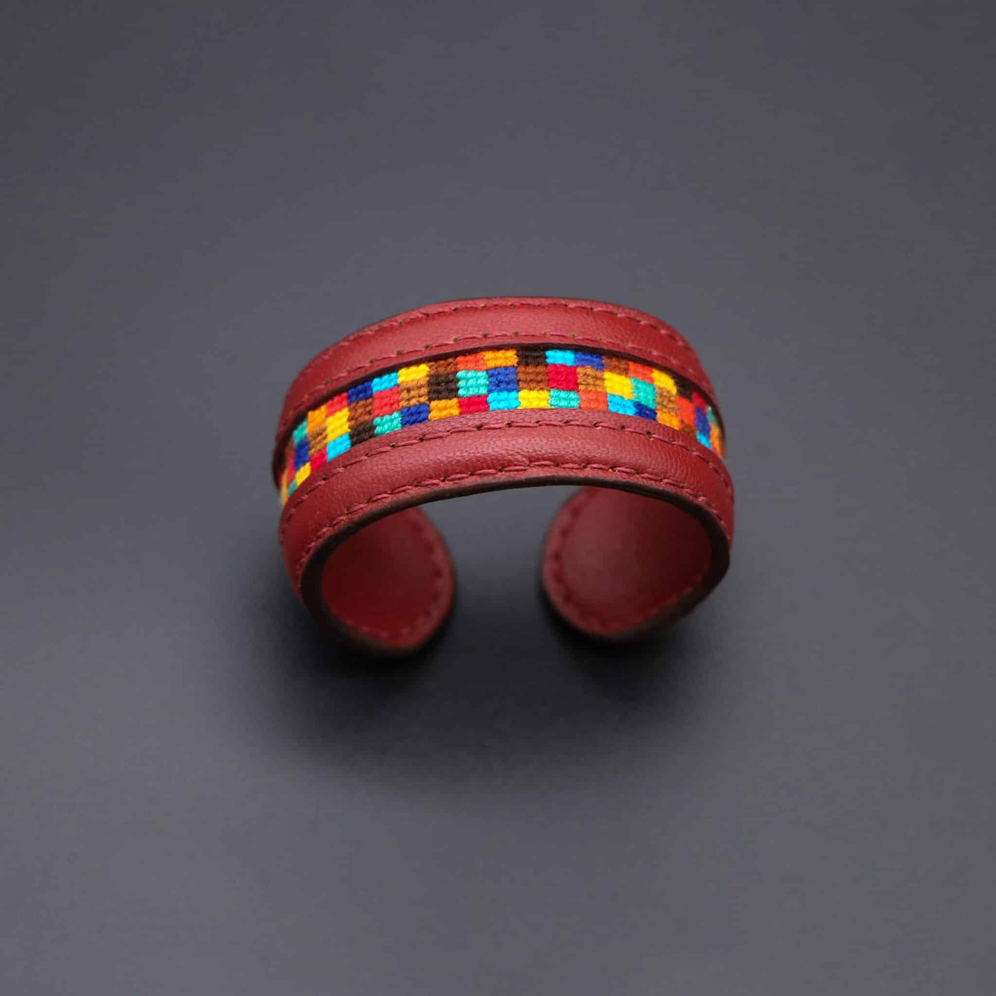 Burgundy Genuine leather cuff with colorful Cross-stitching 1 Burgundy Genuine leather cuff with colorful Cross-stitching