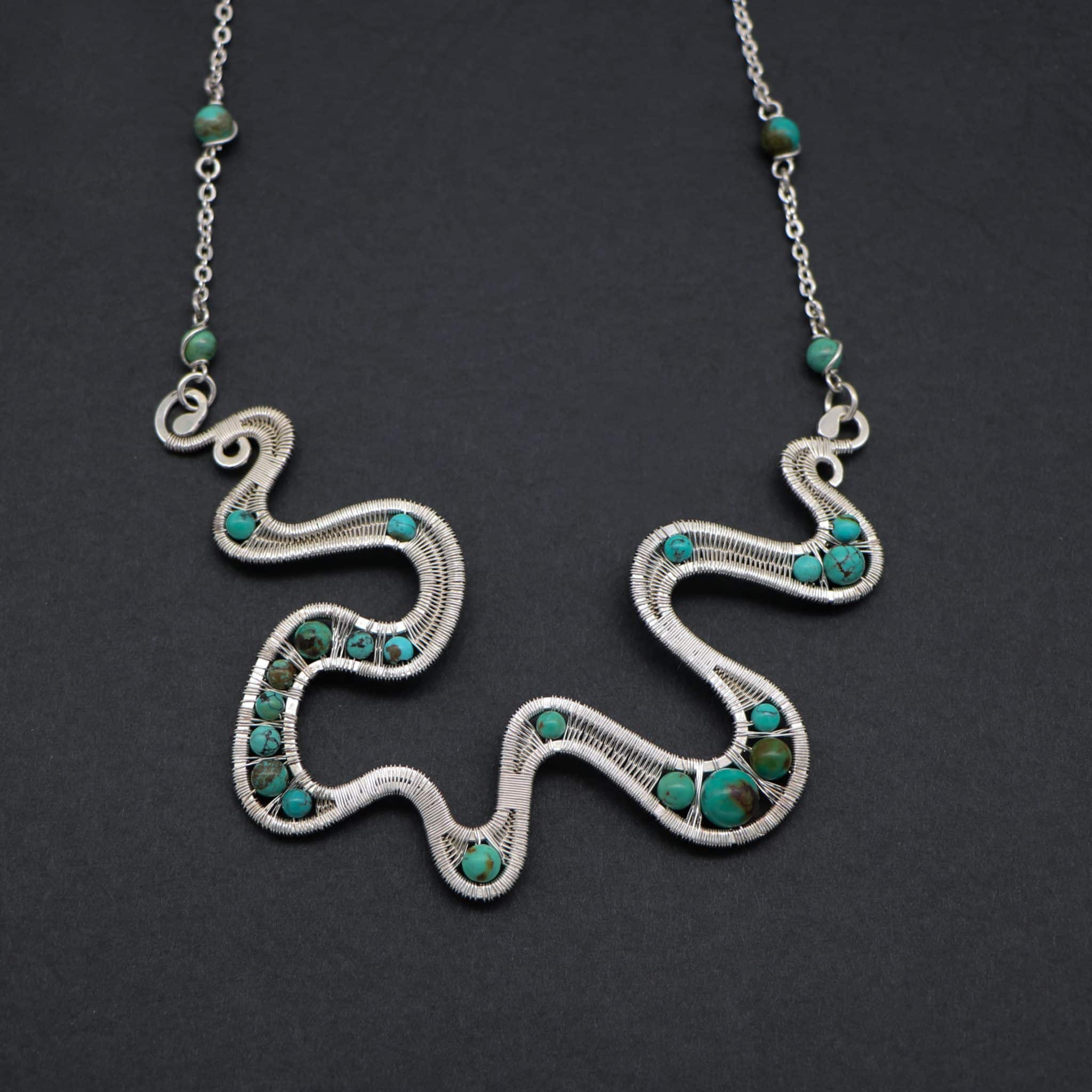 Wire wrapped silver necklace with turquoise gemstones . 2 silver jewelry 49 scaled