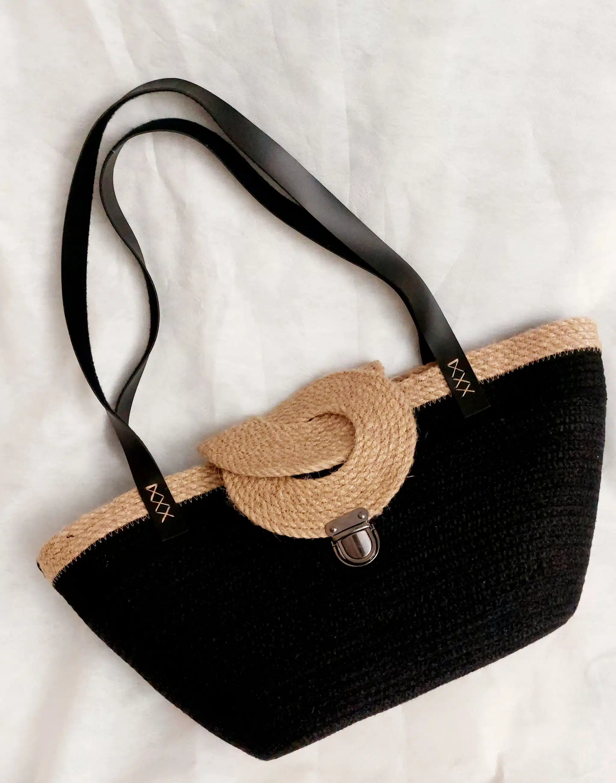 Black Cotton cord and jute summer beach shoulder bag 1 Black Cotton cord and jute summer beach shoulder bag