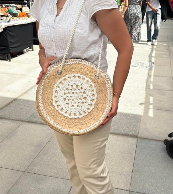 Round palm leaves beach bag with central mandala 1 Round palm leaves beach bag with central mandala