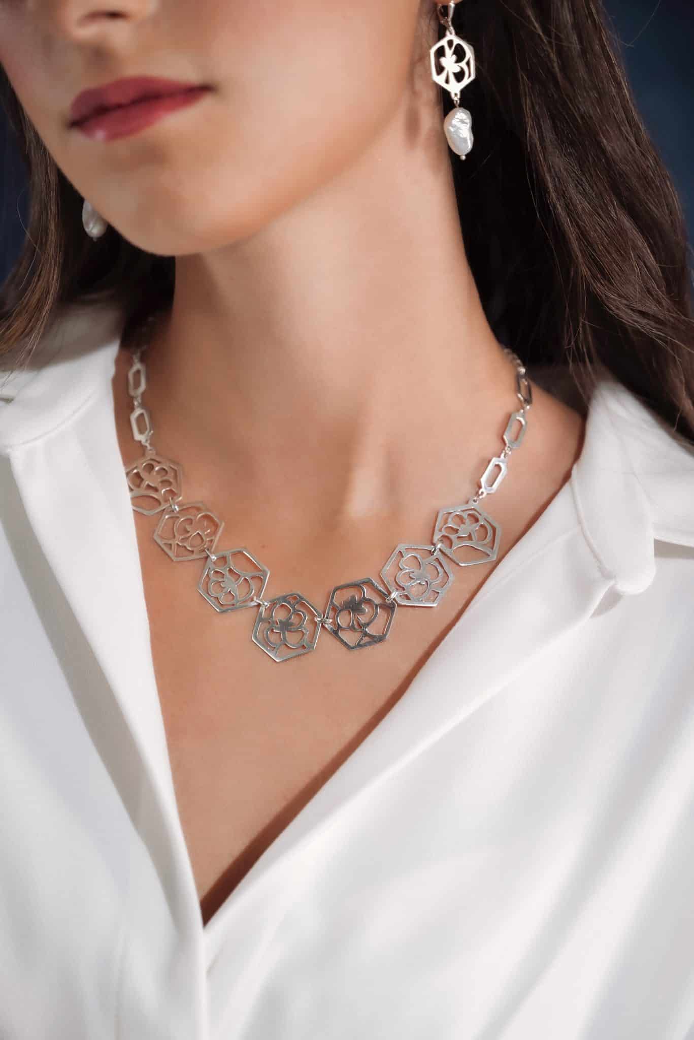 Camellia Statement Necklace 1 Sterling silver necklace with flower motifs