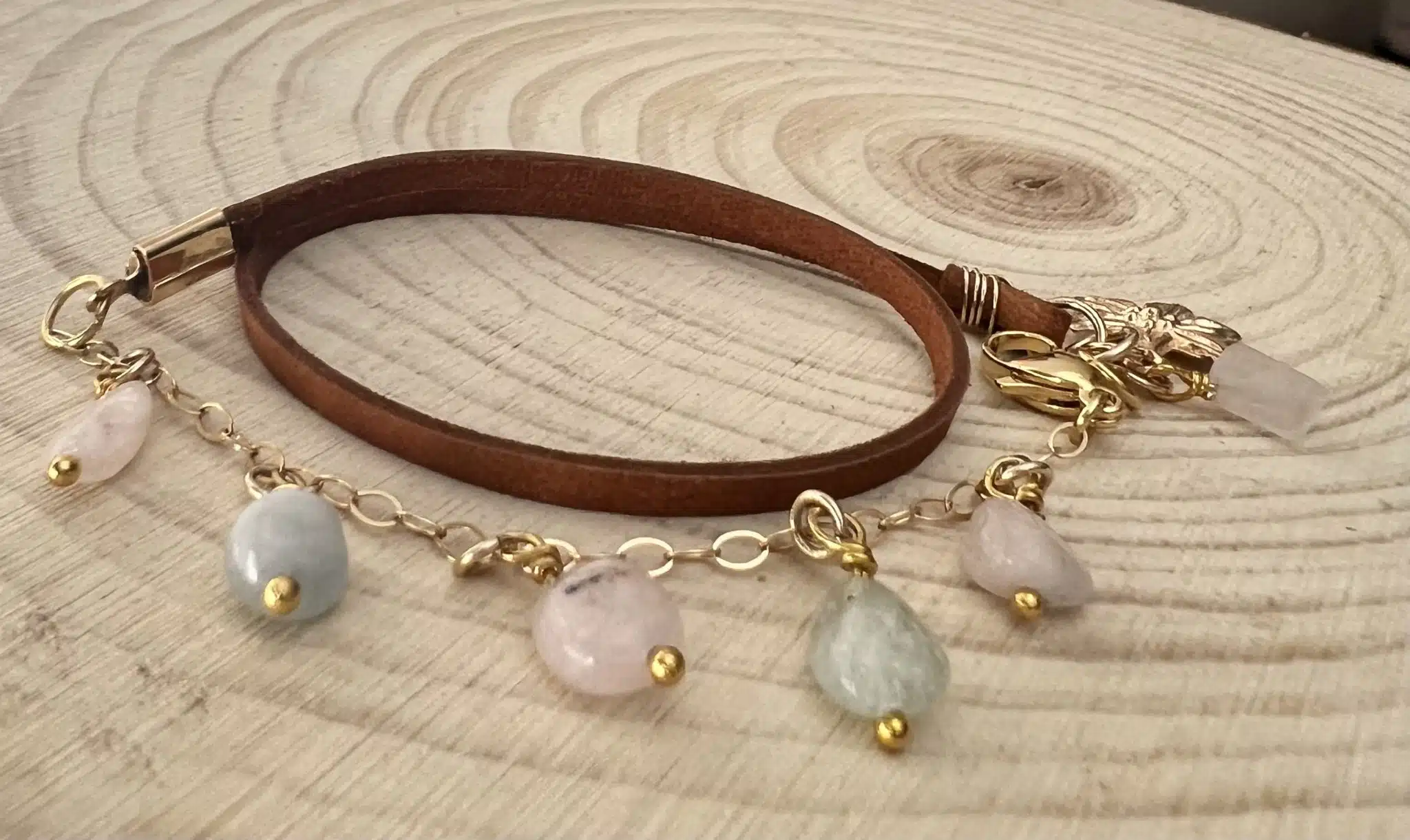 Summer color quartz stones, leather, gold filled 1 Summer color quartz stones, leather, gold filled