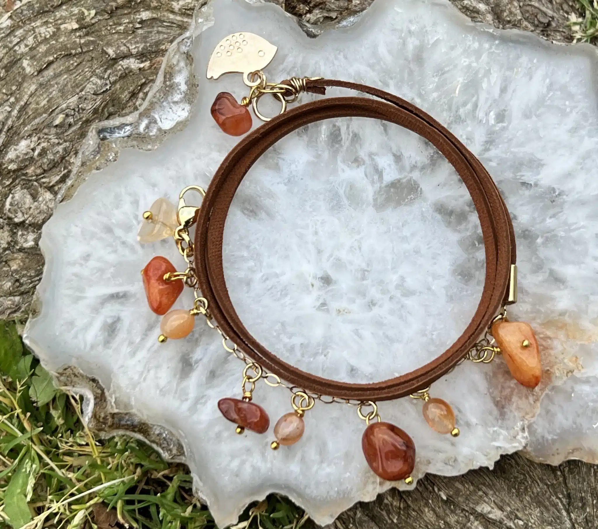 Gold filled, leather bracelet, brown agate stone 1 Gold filled, leather bracelet, brown agate stone