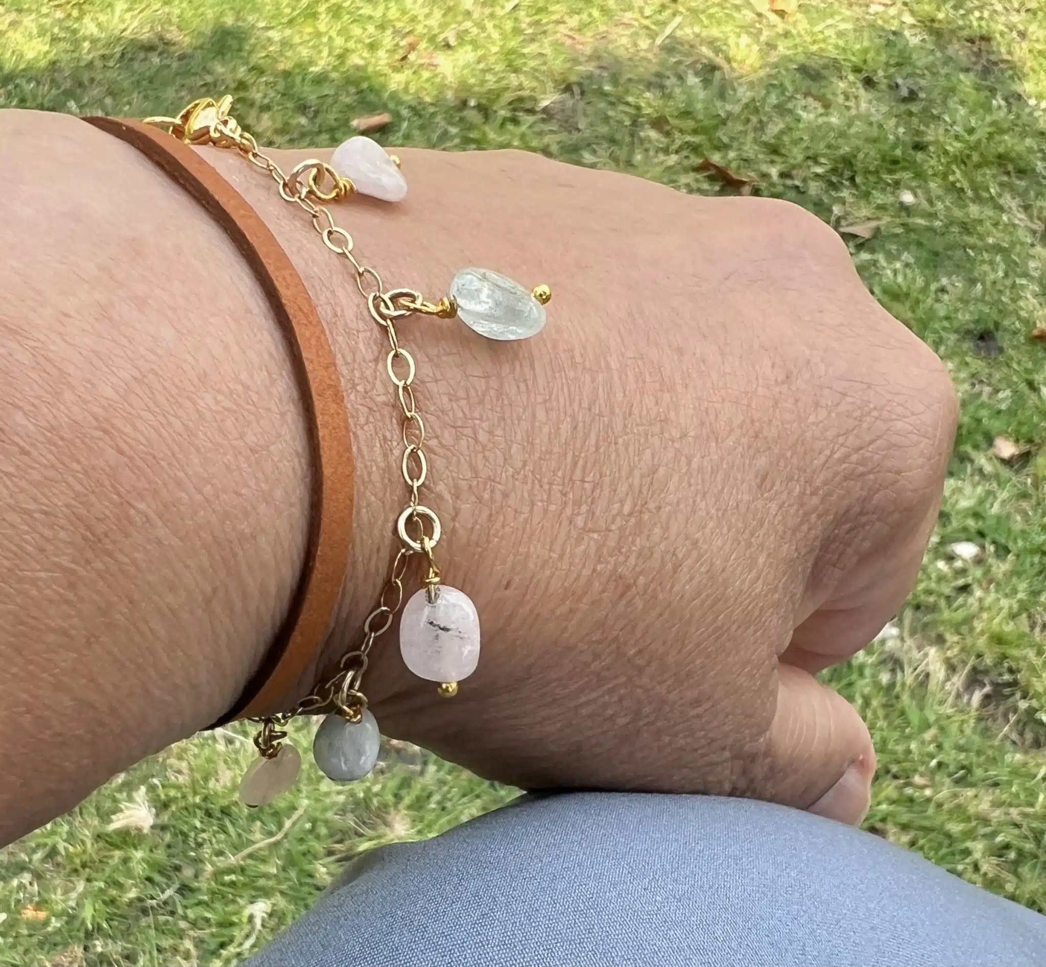 Summer color quartz stones, leather, gold filled 2 IMG 3721 scaled