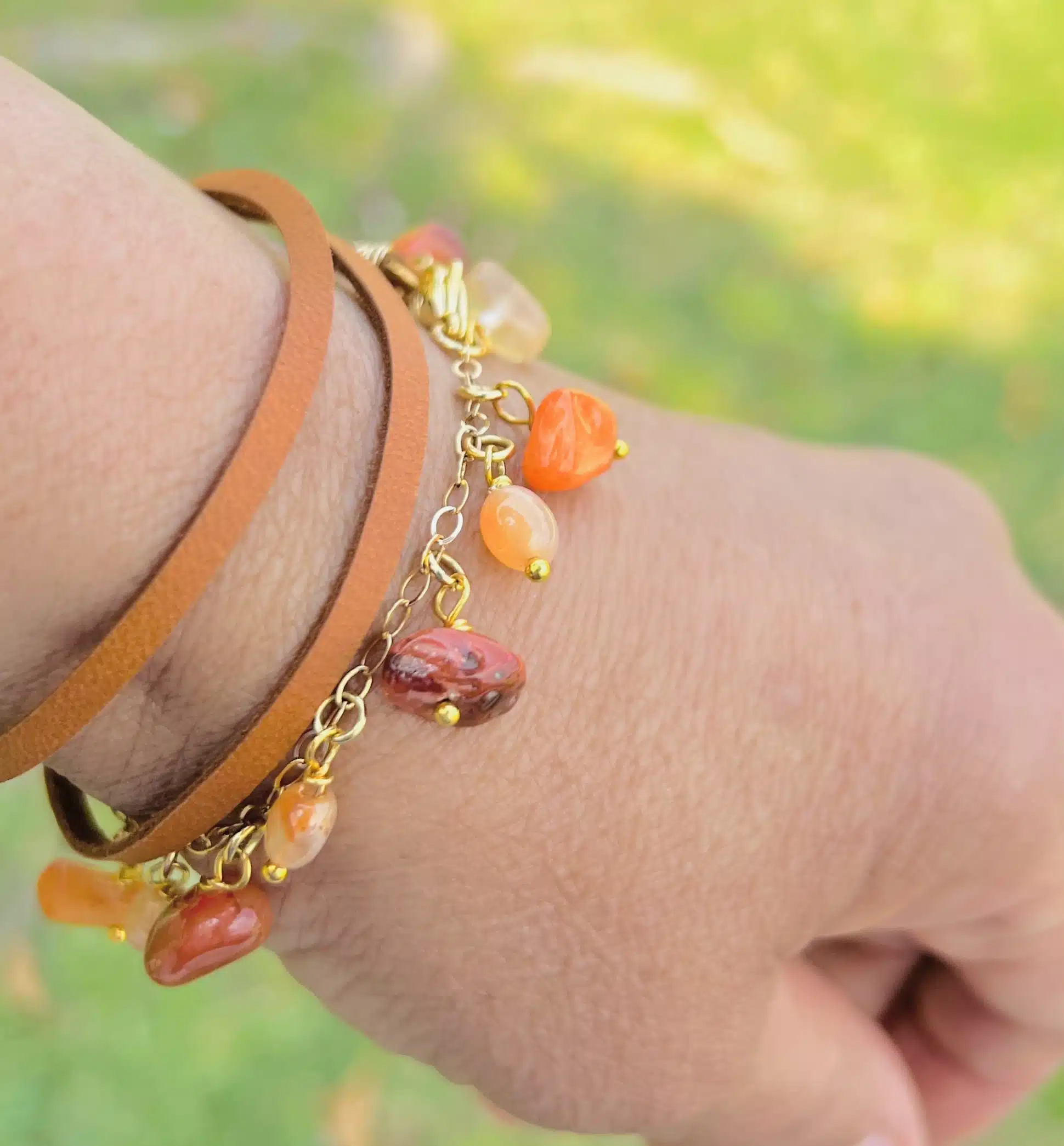 Gold filled, leather bracelet, brown agate stone 2 IMG 3723 scaled