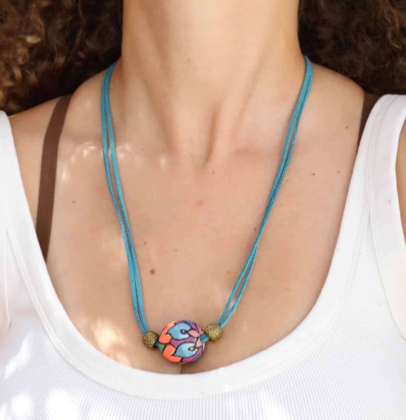 Blue Leather Necklace With A Colored Bead 1 Blue Leather Necklace With A Colored Bead