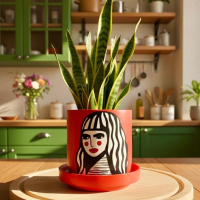 the Red Girl - Terracotta planter Pot | Only One Piece 1 أصيص فخاري أسطواني أحمر زاهٍ مرسوم يدوياً بتصميم جرافيكي لوجه امرأة بالأسود والأبيض. الأصيص يزرع به نبات الثعبان (Sansevieria)، وموضوع على لوح تقطيع خشبي، والخلفية مطبخ عصري بخزائن خضراء داكنة.| A vibrant red, cylindrical terracotta planter hand-painted with a striking graphic, pop-art style portrait of a woman in black and white. The pot holds a snake plant (Sansevieria) and is displayed in a sunny, modern kitchen with dark green cabinets.