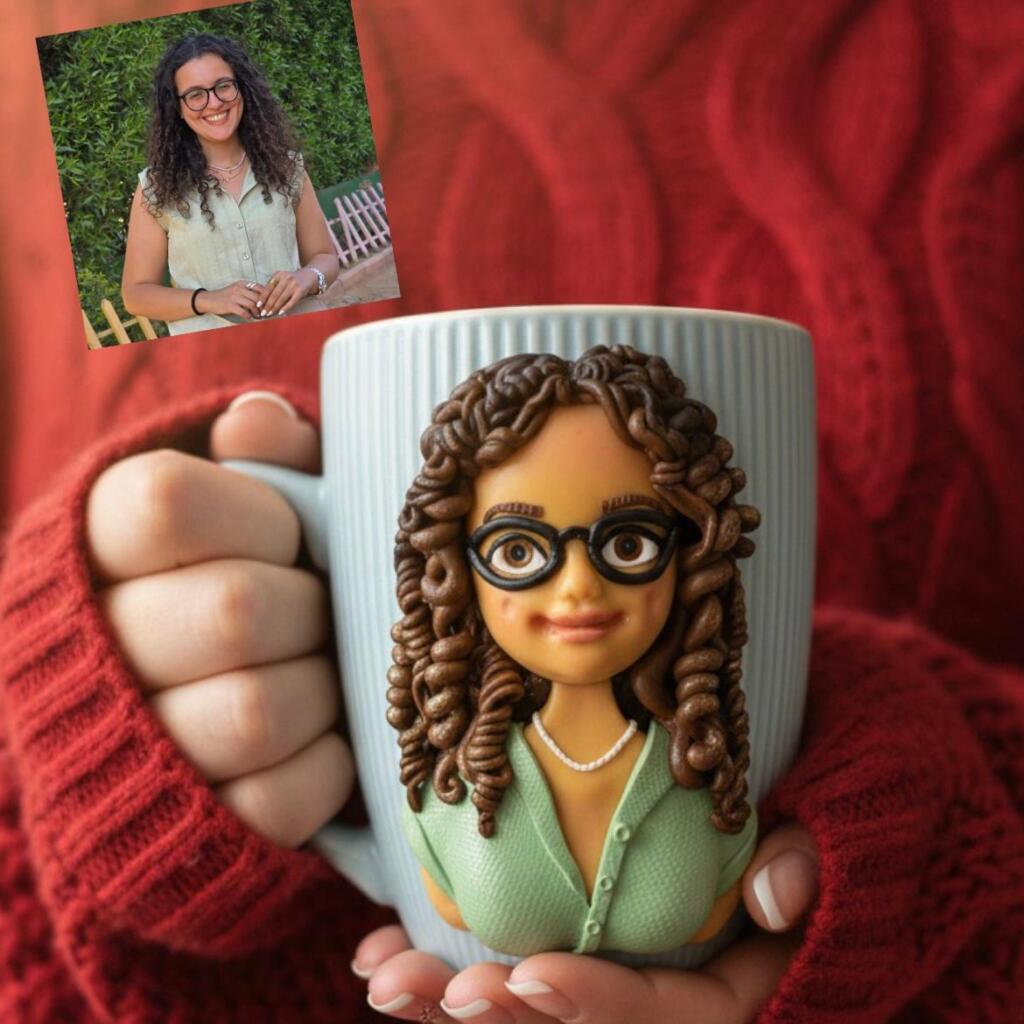Handmade polymer clay mug featuring a 3D portrait of a woman with curly brown hair and glasses, designed to look like the mug owner.