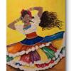 A joyful lady in a colorful flowing dress dancing gracefully against a bright yellow textured background, expressing freedom, energy, and happiness