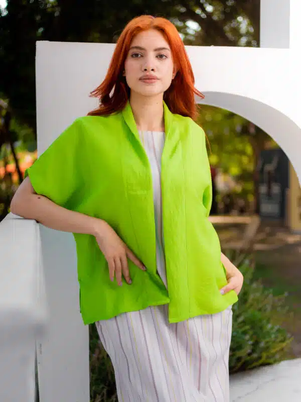 Half sleeve green limon linen short cardigan