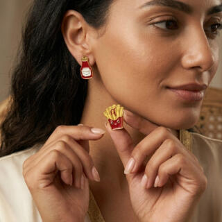 Gold plated stud pairing earrings fries and ketchup with red enamel (E202XMG)