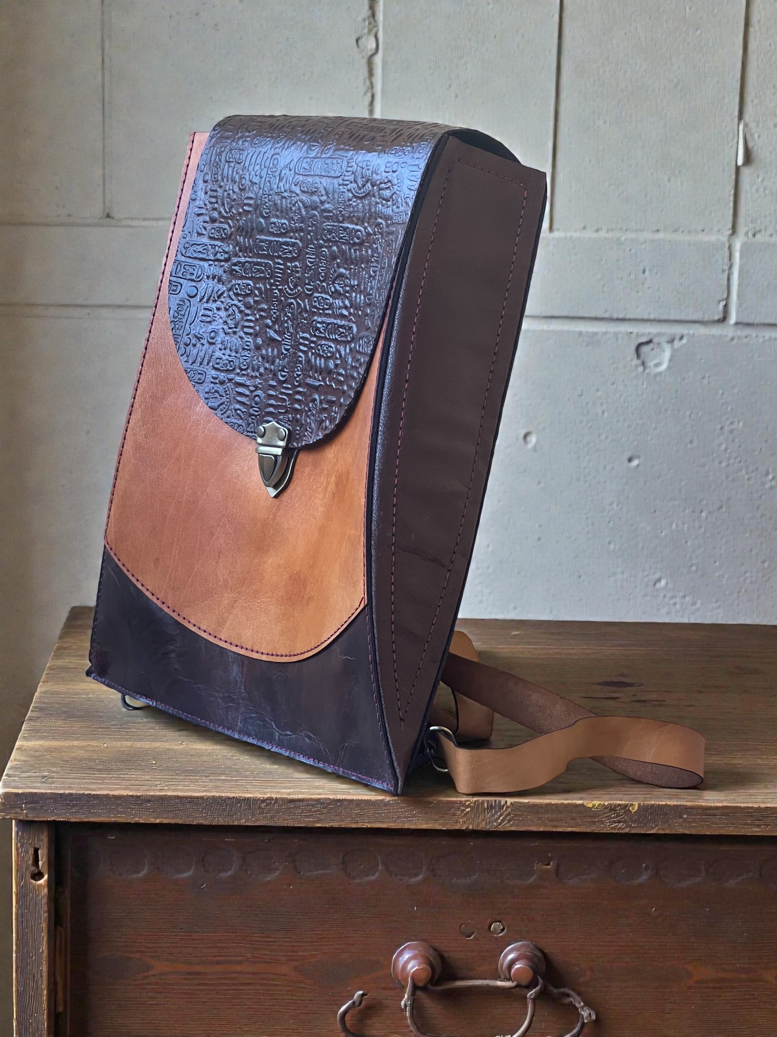 An Unusual Genuine Leather Backpack with Embossed Ancient Egyptian Hieroglyphics 3 2 26