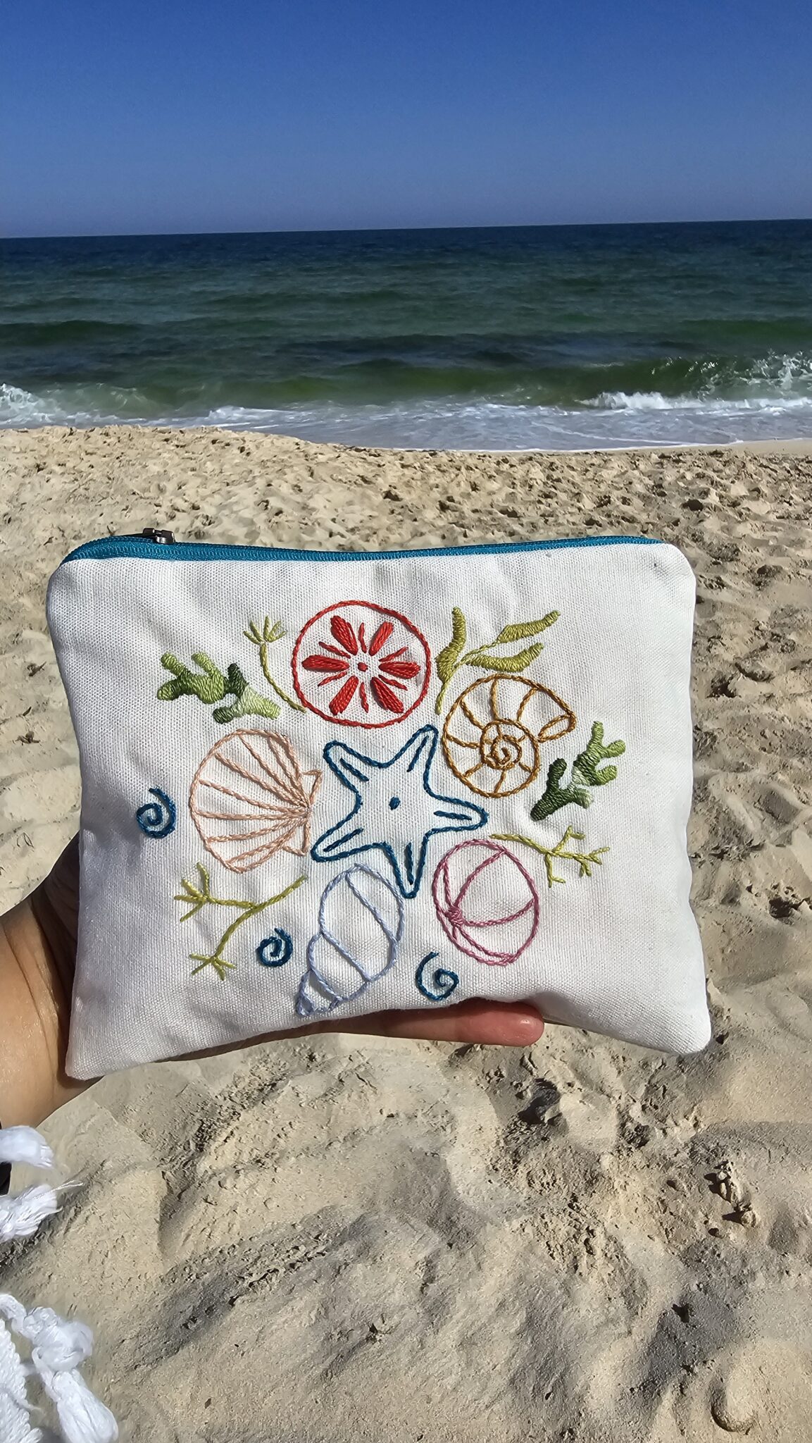 Seashell Hand-embroidered cotton Pouch 1 Seashell Hand-embroidered cotton Pouch