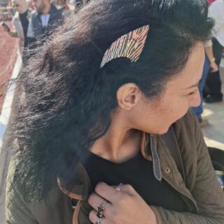 The Elf Tweak headpiece, copper over brass, oxidized to black, hand-scratched to reveal the metal layers beneath.