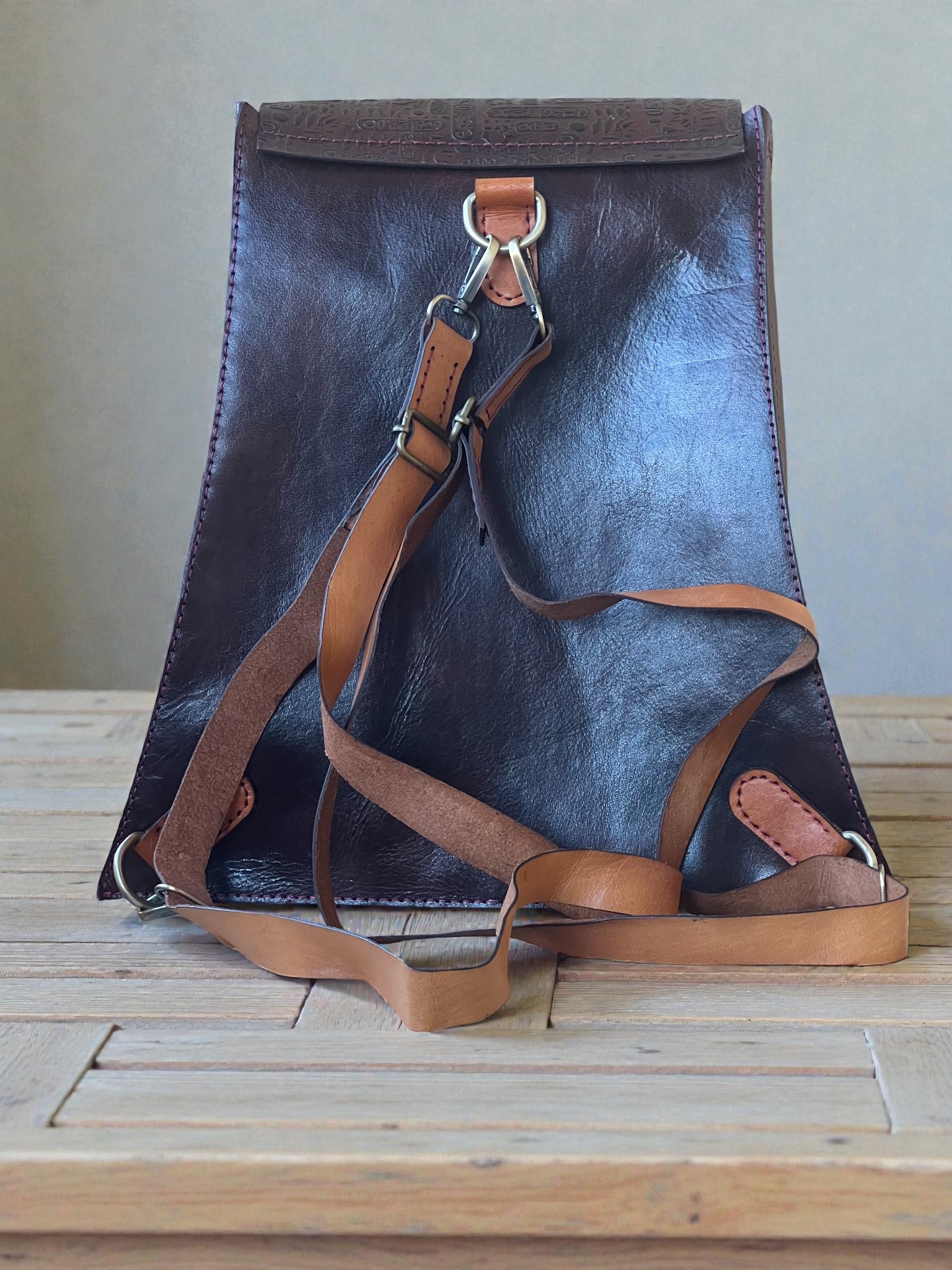 An Unusual Genuine Leather Backpack with Embossed Ancient Egyptian Hieroglyphics 4 5 14