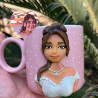 Handmade polymer clay mug featuring a 3D portrait of a woman,designed to look like the mug owner.