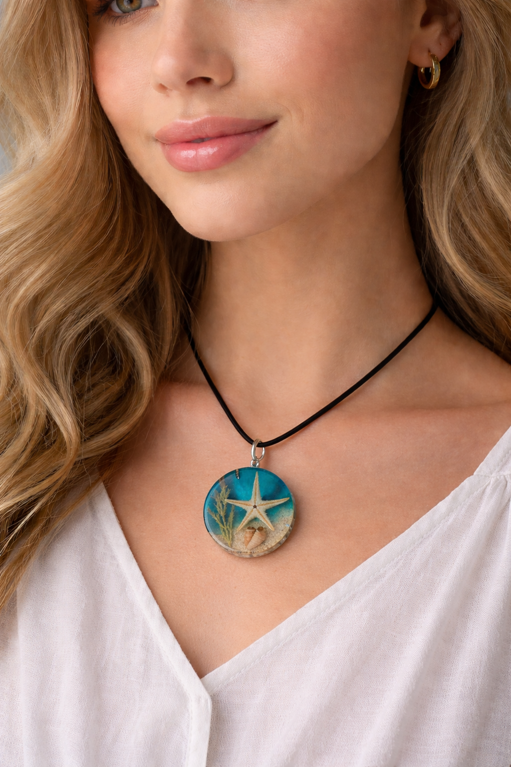 Beach treasure - Resin circle pendant 2 Beach treasure pendant close up