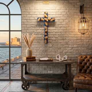 blue resin & wood cross staged