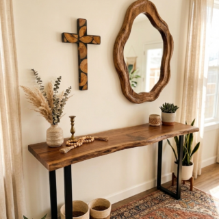 wood and grey resin cross to hang on the wall