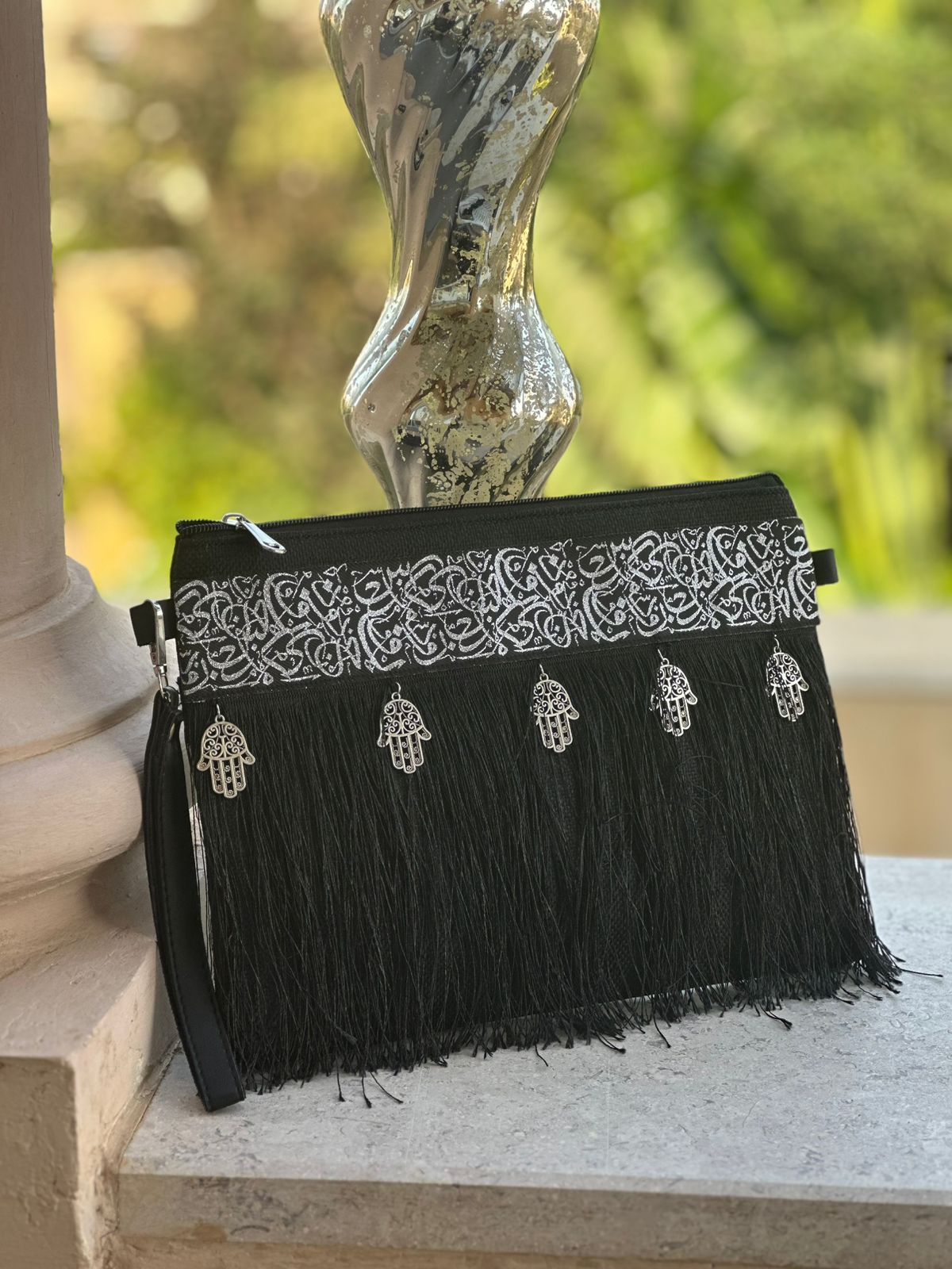 Black clutch with silver arabic calligraphy 1 Black clutch with silver arabic calligraphy