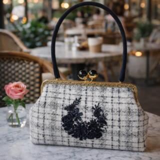 Premium Wool Embroidered Bag with Satin Ribbons, Elegant Metal Frame & Natural Suede Handle