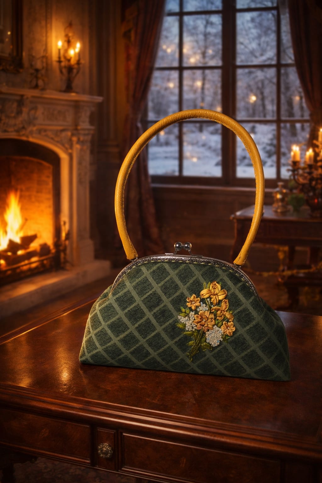 Elegant Wool Handbag with Satin Ribbon Embroidery 1 Elegant Wool Handbag with Satin Ribbon Embroidery, Metal Frame & Genuine Leather Handle