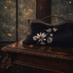 Elegant Velvet Fabric Piece Embroidered with Satin Ribbons in a Stylish Metal Frame