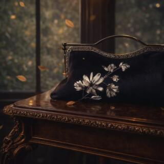 Elegant Velvet Fabric Piece Embroidered with Satin Ribbons in a Stylish Metal Frame