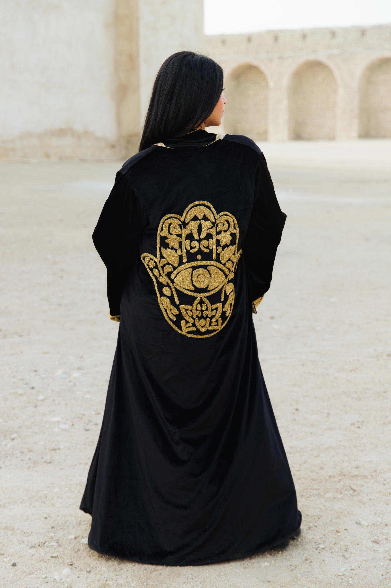 "Golden Hamsa Kaftan" in Black 2 IMG 0449 1 scaled