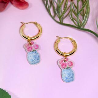 Pink Roses Hoop Earrings
