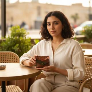 Small handmade natural leather card holder with a hand-painted Sinai-inspired by sunset and mountain illustration; product name: Sinai