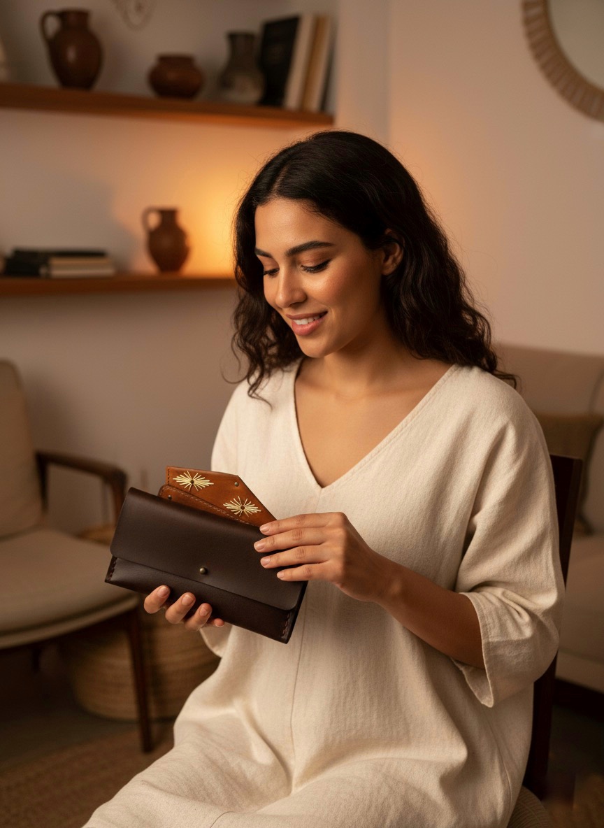 Basic Long Leather Purse / wallet 2 محفظة طويلة يدوية الصنع من الجلد، تحتوي على جيبين للأموال وثلاثة جيوب للكروت تتسع من 6 إلى 9 كروت / Long handmade leather wallet with two cash compartments and three card slots holding 6–9 cards.