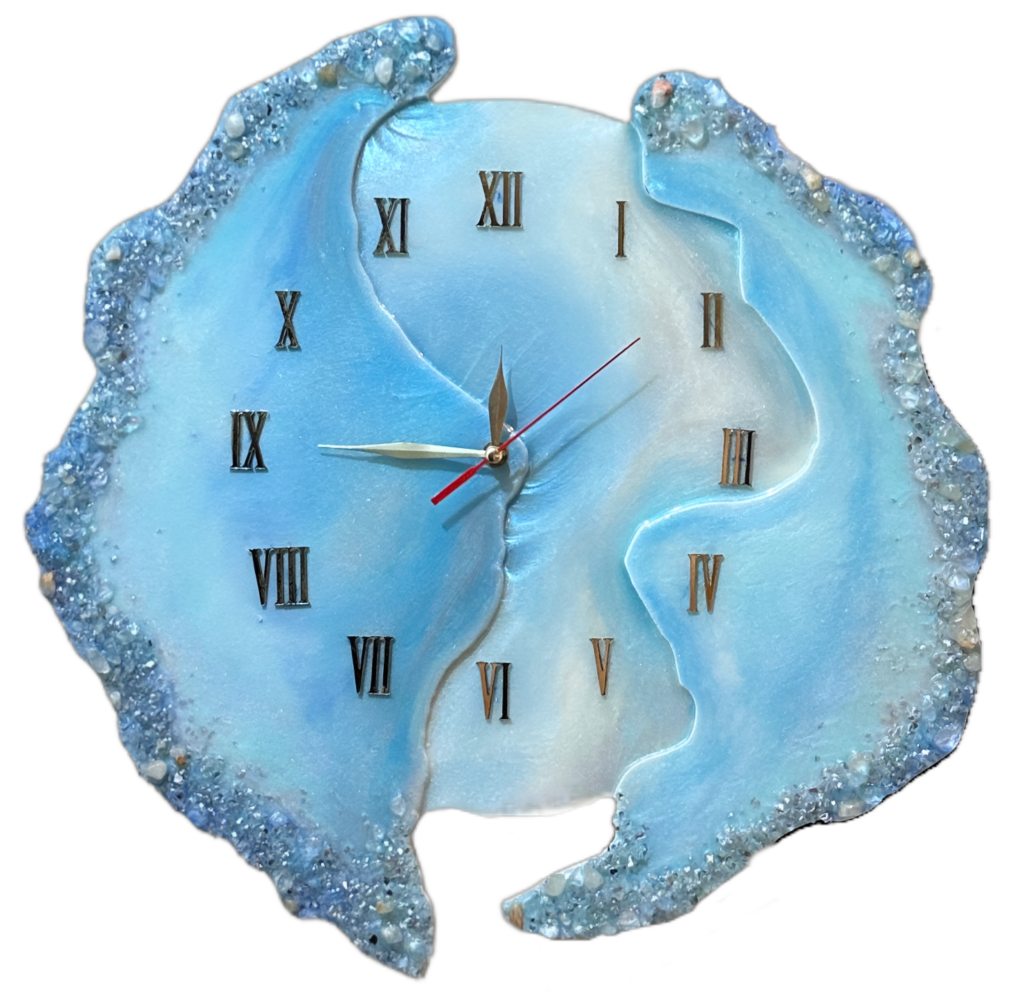 resin wall clock in light blue and silver with stones