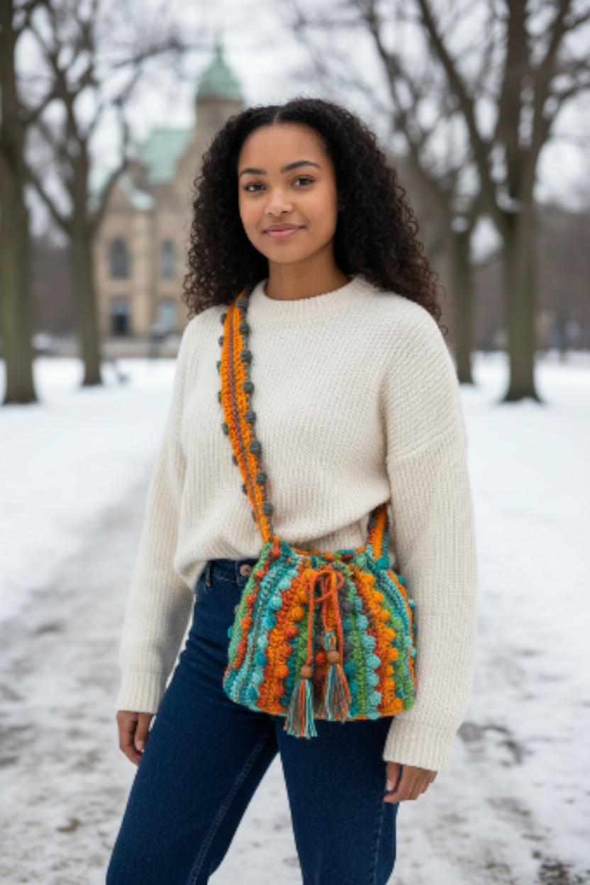 Boho Popcorn Stitch Drawstring Bag 1 Boho Popcorn Stitch Drawstring Bag