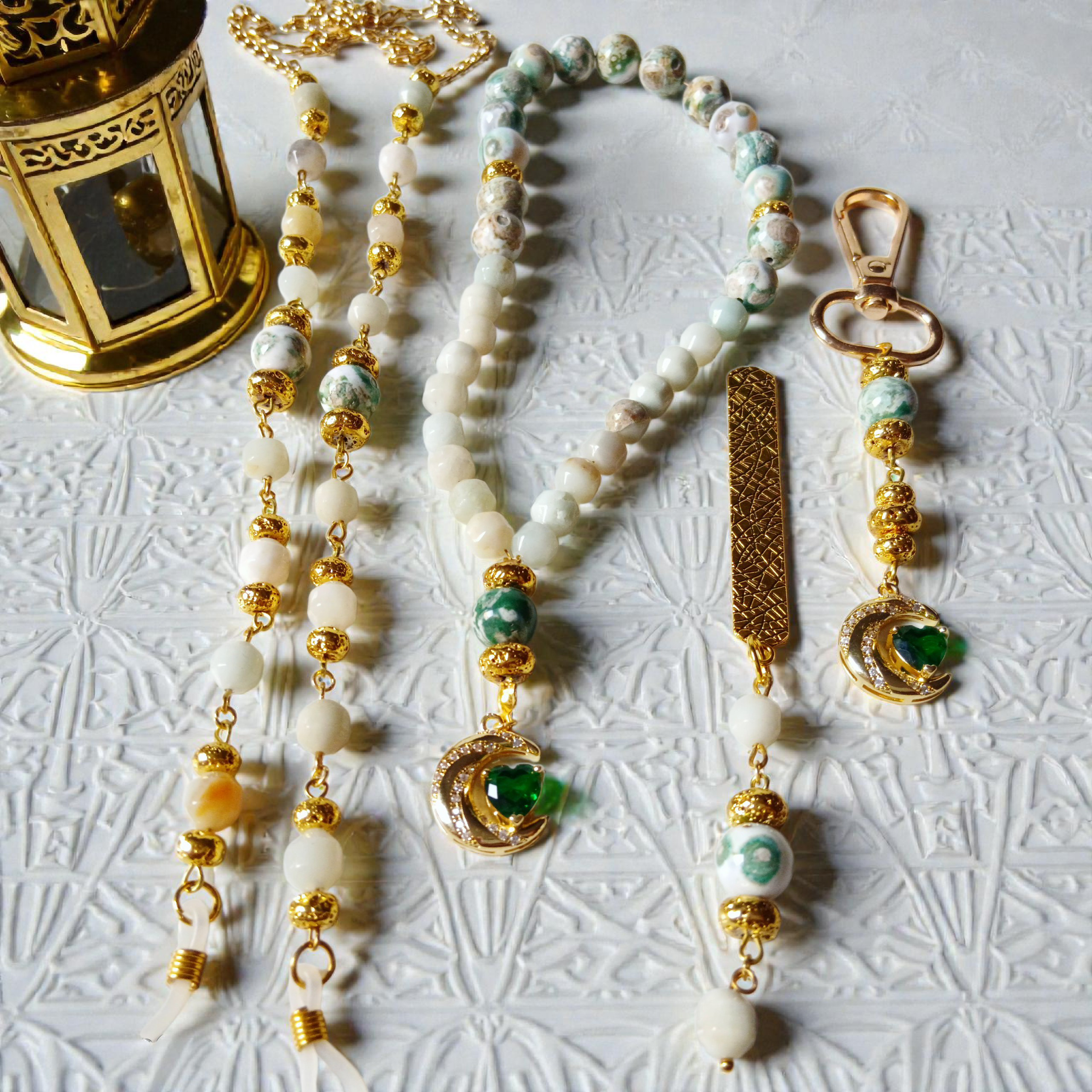 Rosary 4 pcs set - Beige | green 1 Rosary 4 pcs set - Beige | green