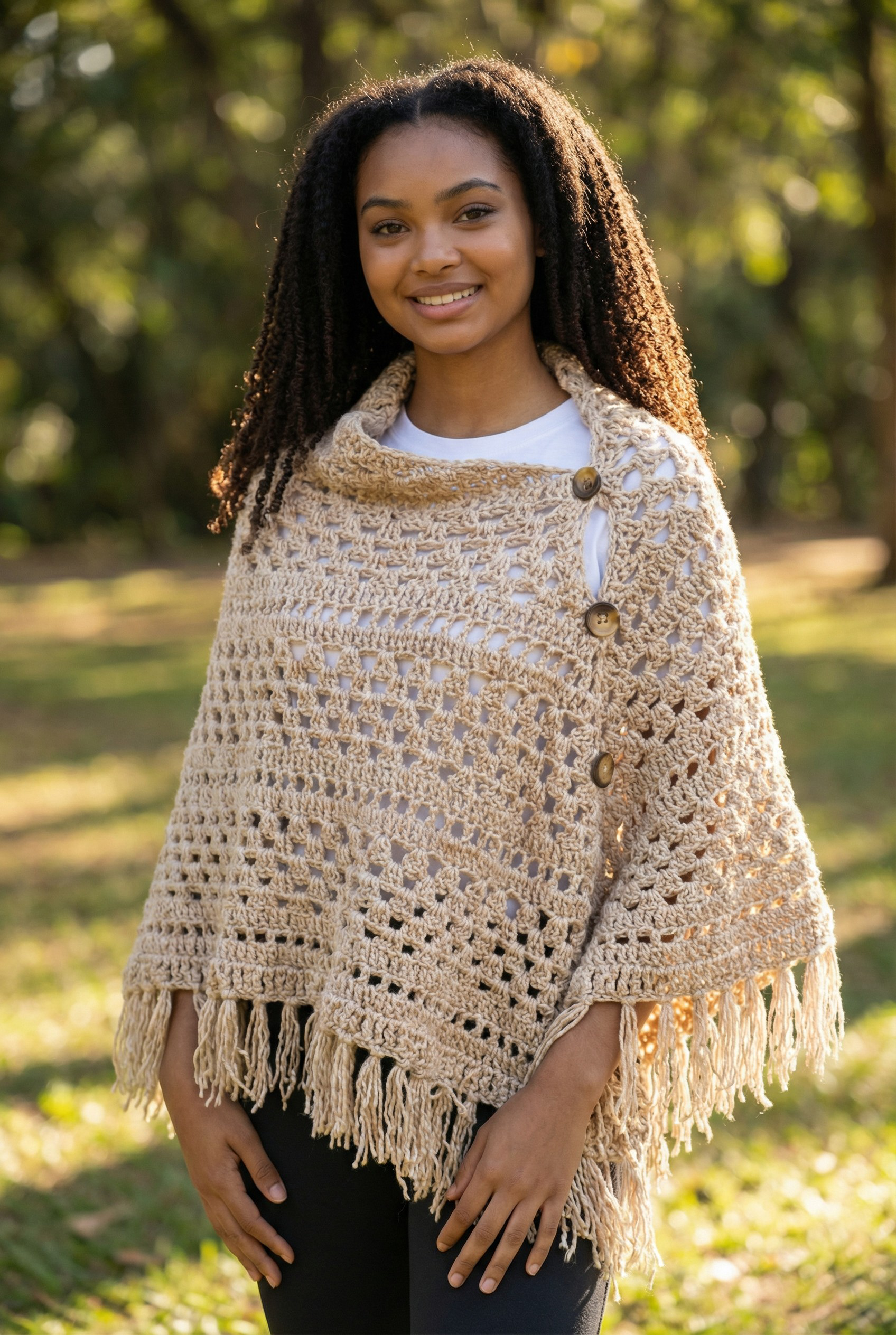 Boho Button crochet Poncho with Fringe 1 Boho Button crochet Poncho with Fringe