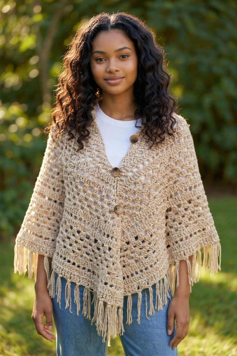 Boho Button crochet Poncho with Fringe 2 Photoroom 20260220 215536458