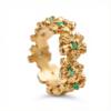 Flowery Collection, Engraved Flowers, With Emerald Stones, Adjustable Band Ring
