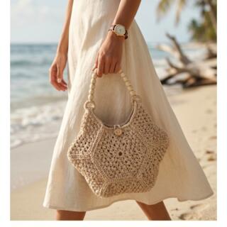 شنطة. هاند. ميد. خيوط مكرمية. قطن. اوف. وايت.