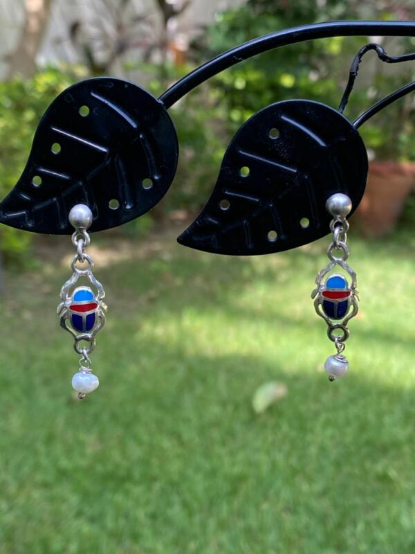 Handmade Original 925 Pearl Silver Scarab Earring