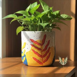 أصيص زرع فخار كبير مرسوم يدوياً بنقوش تجريدية لأوراق شجر ملونة. |Large handmade clay planter with abstract colorful leaf patterns.
