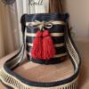 Handmade navy blue tapestry bag with off-white stripes, crochet Mochila style, well-crafted and unique.