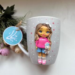 Gray and rose handmade mug with cute girl holding teddy, customizable design.