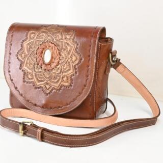 Luxury Women’s Genuine Leather Crossbody Bag – Brown Mandala Design