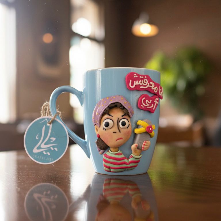 Premium handmade thermal clay mug featuring a messy-haired woman holding a slipper with “معرفتش أربي 😀”, customizable colors and text for an extra fee, humorous gift